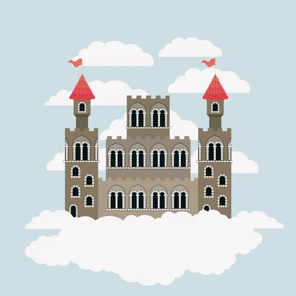 Grand château de contes de fées dans le ciel entouré de nuages en silhouette colorée — Image vectorielle