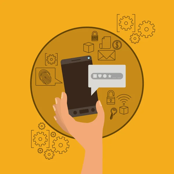 Sécurité mobile avec smartphone portable en fond jaune — Image vectorielle