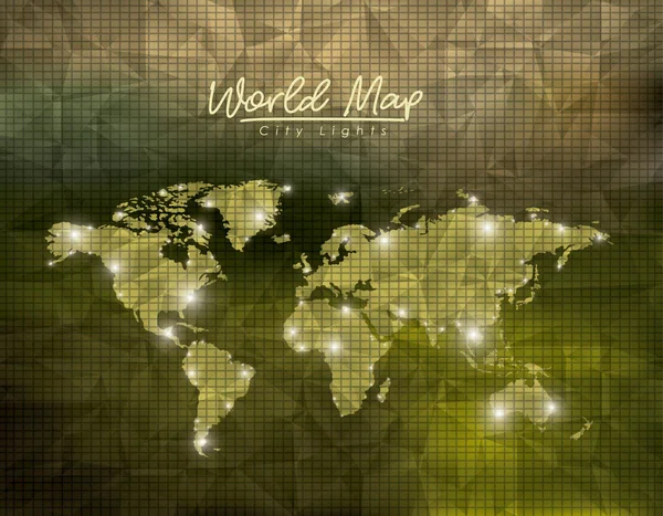 World map city lights in green polygon shape background — Stock Vector