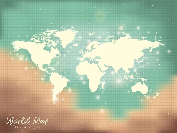 Mundo mapa cielo y luces en color arena a fondo de color verde — Vector de stock