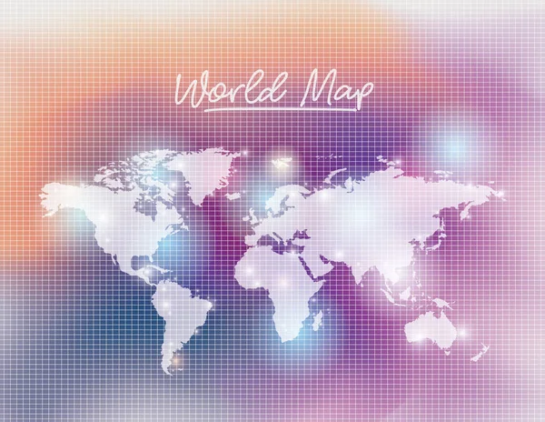 World map in white color and grid background orange degraded to purple — Stock Vector
