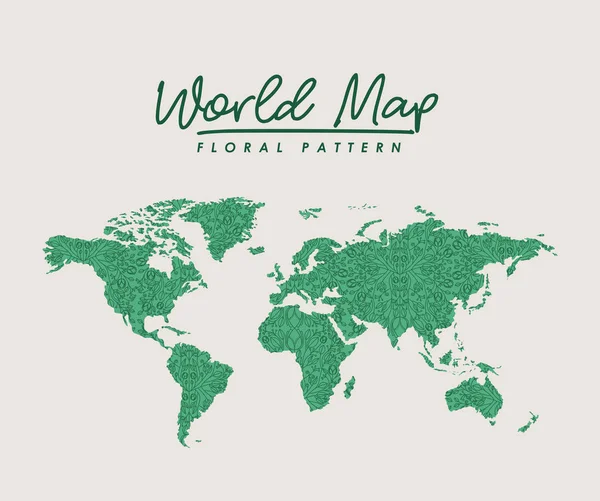 Mapa del mundo patrón floral verde sobre fondo blanco — Vector de stock