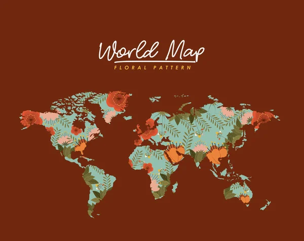 Mapa del mundo patrón floral en fondo marrón — Vector de stock