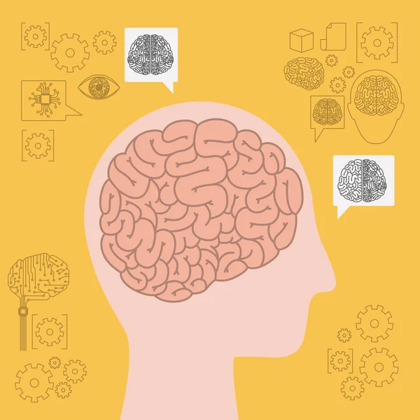 Lidská hlava silueta boční pohled s mozkem v pozadí žluté — Stockový vektor