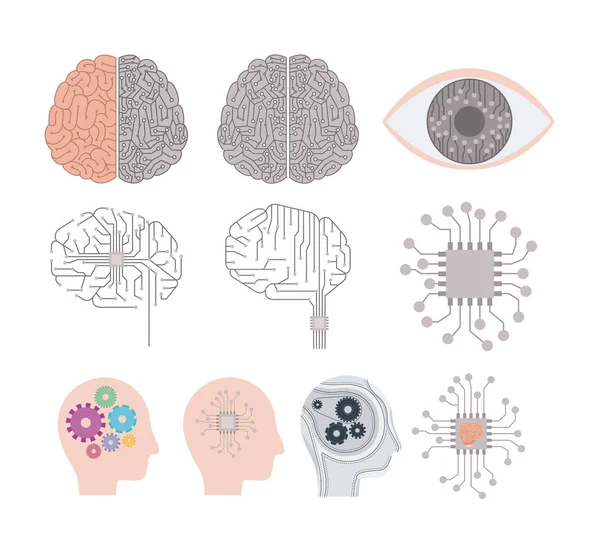 Künstliche Intelligenz Set mit Gehirnen und menschlichen Köpfen Farbsilhouette — Stockvektor