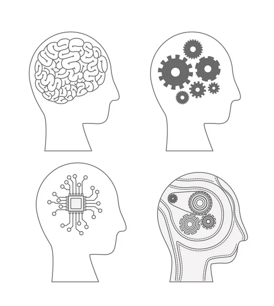 Humans heads side view with hybrid brains in monochrome silhouette — Stock Vector