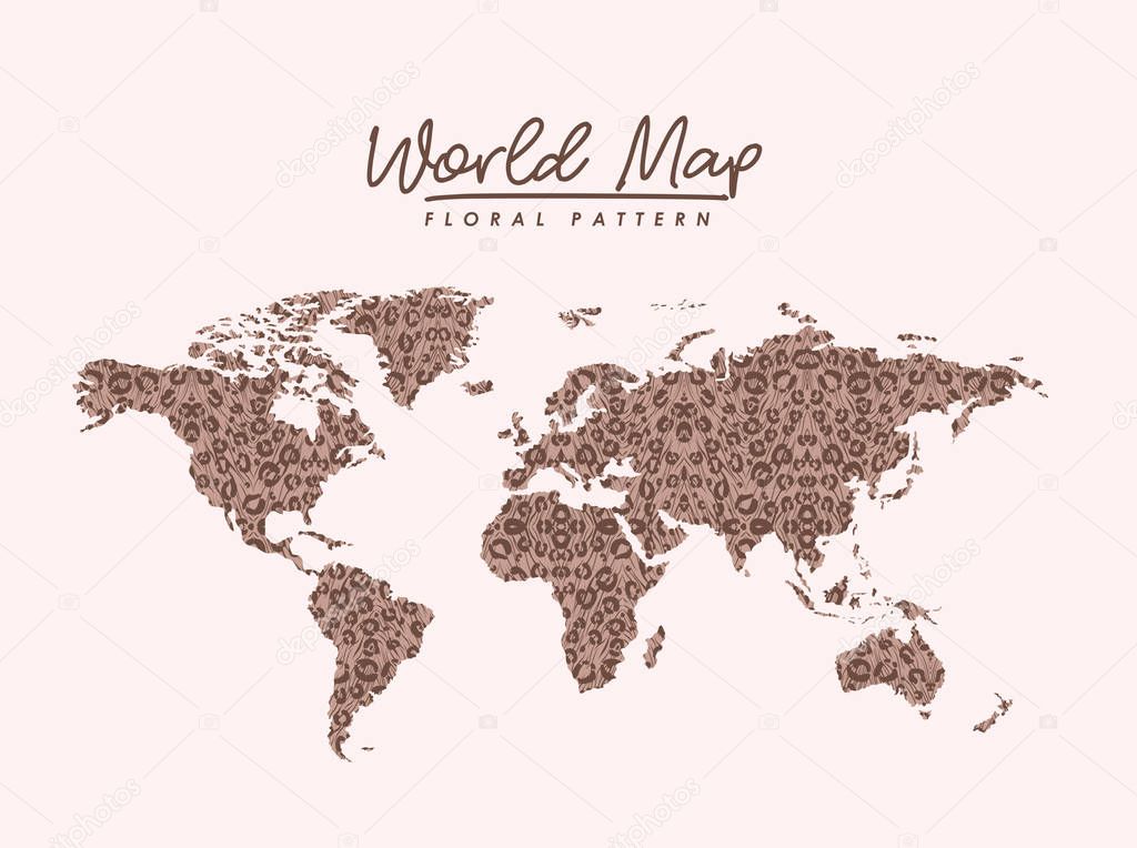 world map floral pattern stains on light pink background