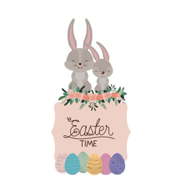 Paskalya zaman dilimi bunnies ile çift üstte ve Paskalya yumurta ve süs renkli siluet çiçek