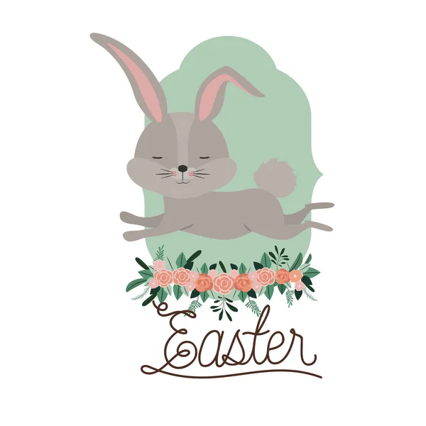 Affiche de Pâques avec lapin dans le cadre avec ornement floral en silhouette colorée — Image vectorielle