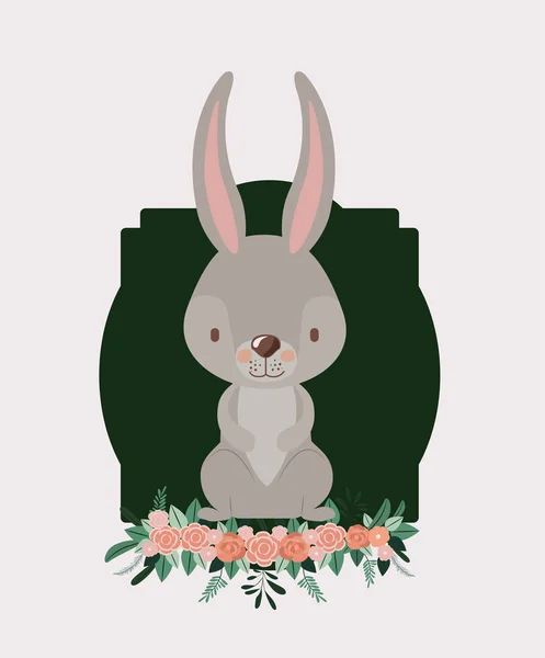 Bunny in frame with ornament floral in colorful silhouette — Stock Vector