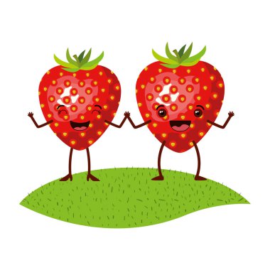gerçekçi çim üzerinde çilek meyve karikatür çifti ile beyaz arka plan