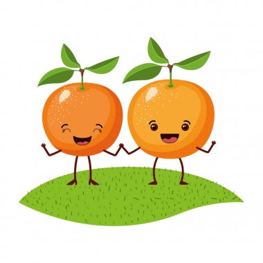 gerçekçi çim üzerinde turuncu meyveler karikatür çifti ile beyaz arka plan