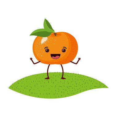 Beyaz arka plan ile gerçekçi mandalina meyve karikatür çim üzerinde