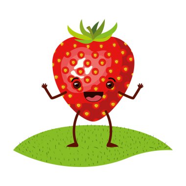 Beyaz arka plan ile gerçekçi çilek meyve karikatür çim üzerinde
