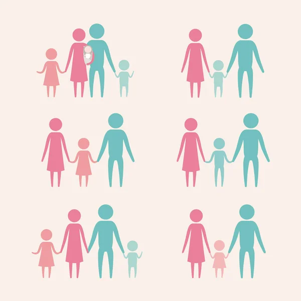 Fondo blanco con conjunto de silueta de color pictograma generaciones padres e hijos — Vector de stock