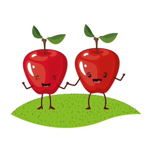 Fundo branco com par realista de frutas de maçã caricatura sobre grama —  Vetores de Stock