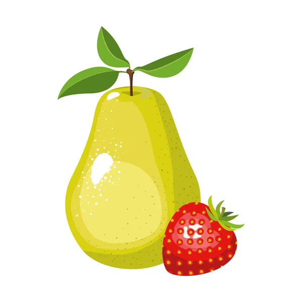 Λευκό φόντο με ρεαλιστική σύνολο αχλαδιού φρούτα και φράουλα — Διανυσματικό Αρχείο