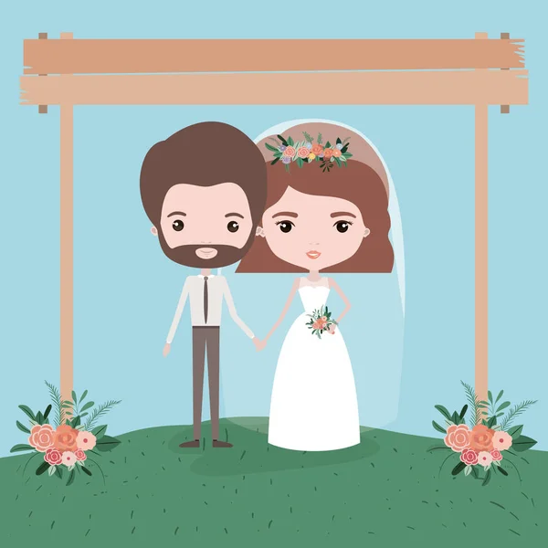 Pemandangan pemandangan langit latar belakang dengan pasangan hanya menikah di bawah bingkai dekoratif di tiang kayu dan hiasan bunga di rumput - Stok Vektor