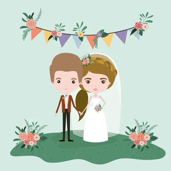 Scena colorata con bandiere decorative ed erba con ornamenti floreali con coppia di appena sposati — Vettoriale Stock