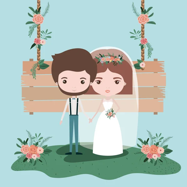 Colorida escena con cartel colgante de madera y hierba con adornos florales con pareja de recién casados — Archivo Imágenes Vectoriales