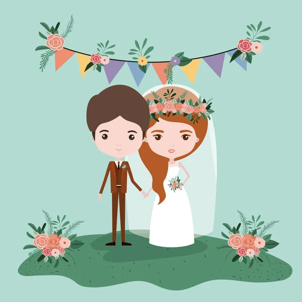 Colorful scene with pennants decorative and grass with couple of just married under — Stock Vector