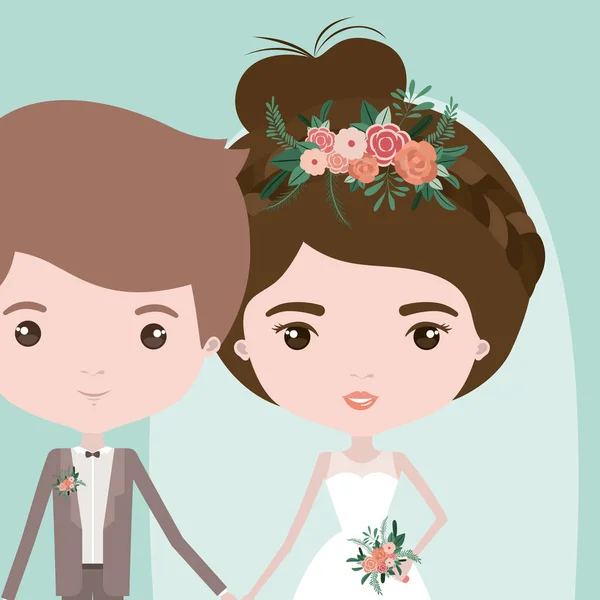 Fond de couleur avec un couple de demi-corps de jeune homme et femme mariés avec des cheveux de chignon collectés — Image vectorielle
