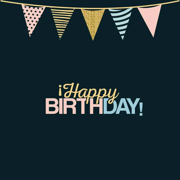 Color dark green background with decorative flags to party text happy birthday — Stock Vector