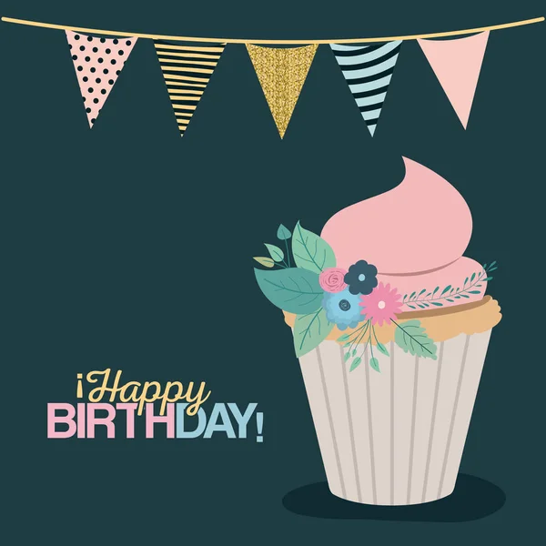 Cor fundo verde escuro com bandeiras decorativas para festa e cupcake doce e texto feliz aniversário — Vetor de Stock