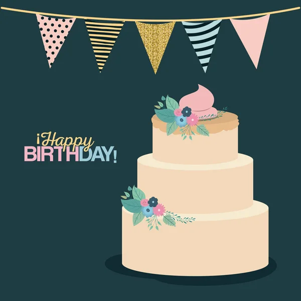 Színe sötétzöld háttér dekoratív zászlókkal, fél és emeletes torta és a szöveg boldog születésnapot — Stock Vector