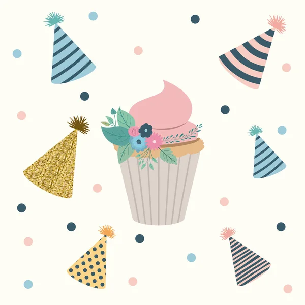 White dotted background with decorative party hat sets and cupcake in the center — Stock Vector