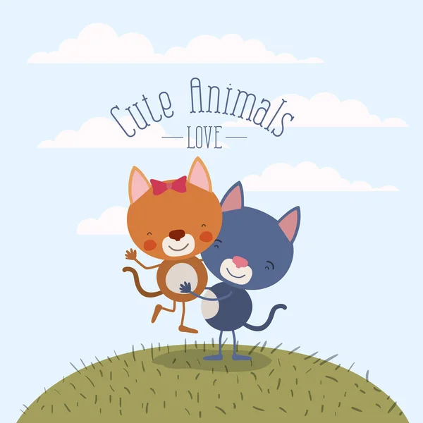 色のシーンの空の風景と子猫他のかわいい動物を運ぶ 1 つの愛のカップルを持つ草 — ストックベクタ