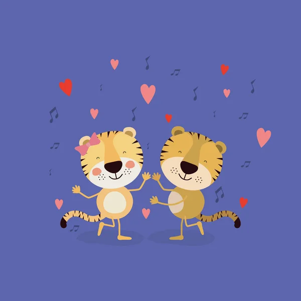 Color background with couple of tigers dancing in love — Stock Vector