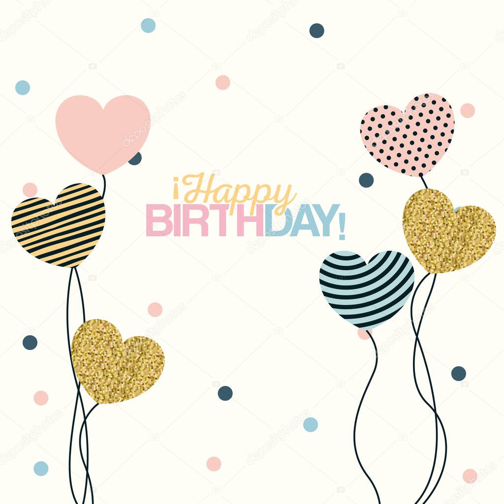 white dotted background with decorative balloons in the shape of a heart with text happy birthday