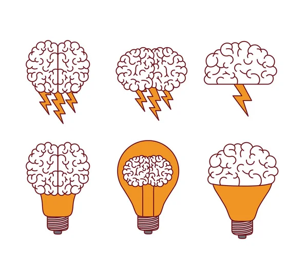 Brain silhouettes with lightnings and light bulbs in shape of brains — Stock Vector