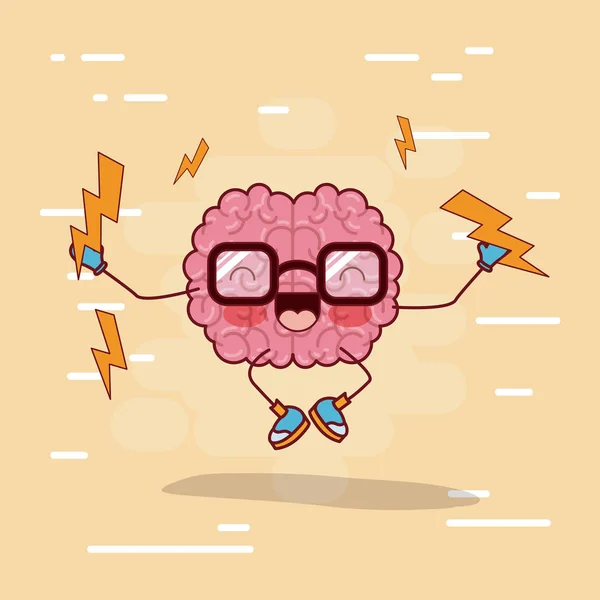 Brain cartoon with glasses and jumping with lightnings in background beige — Stock Vector