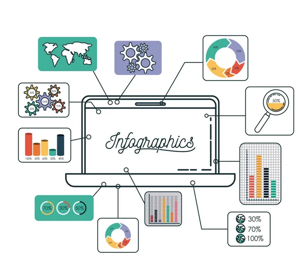 Infografica e statistica con computer portatile — Vettoriale Stock