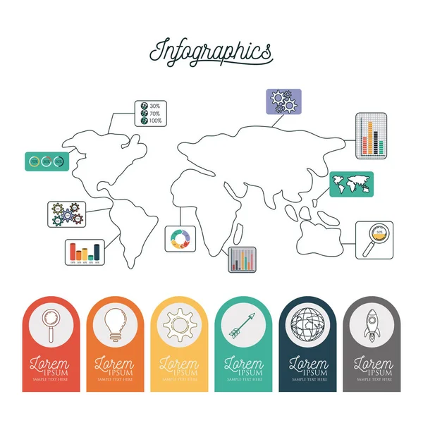 Infográfico mapa do mundo com etiquetas com ícones em círculos na parte inferior — Vetor de Stock