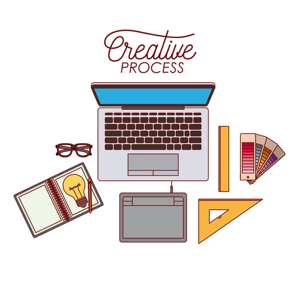 Laptop computer creative process with elements graphic design on white background — Stock Vector