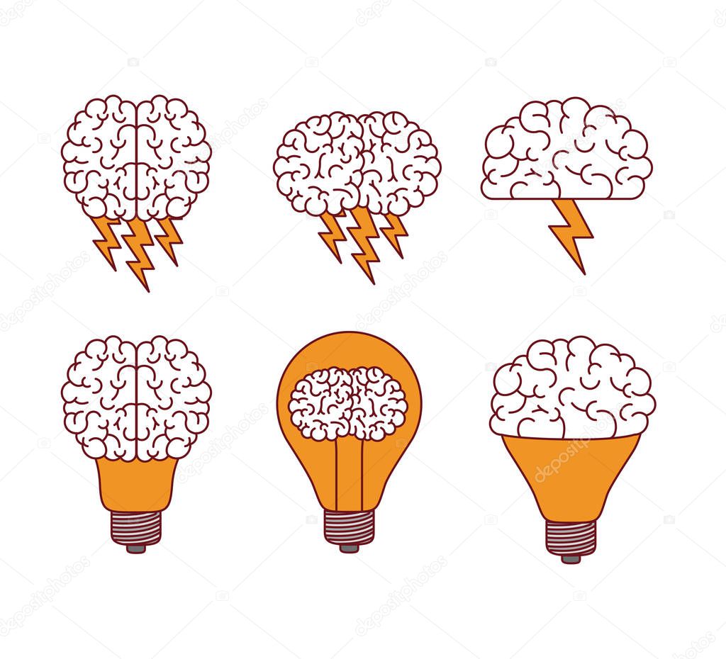 brain silhouettes with lightnings and light bulbs in shape of brains