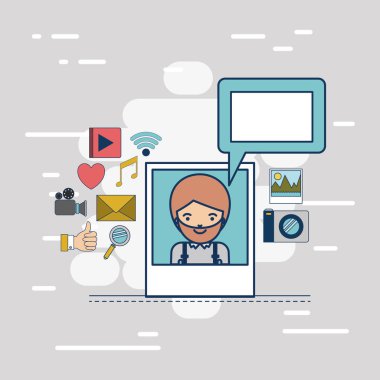 Fotoğraf uygulaması ile yarım vücut renkli dekoratif arka plan üzerinde Multimedya simgeler adamla sakallı