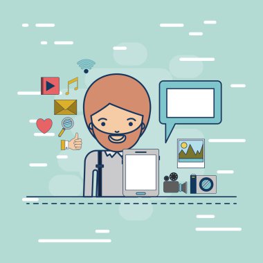 Multimedya uygulama simgeleri ve aygıt teknoloji tablet renkli dekoratif arka plan üzerinde olan adam yarım gövde