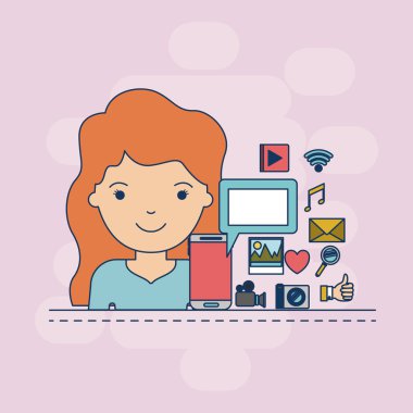 kadın portre yarım vücut renkli dekoratif arka plan multimedya uygulama simgeleri ile