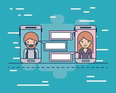 cihaz teknik smartphone iletişim arasında kadın ve adam renkli dekoratif arka plan üzerinde multimedya uygulama