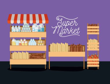 yiyecek ve içecek ile renkli poster tasarım süpermarket üç raflar