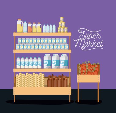 süpermarket iki renkli poster tasarımı yiyecek ve içecek ile raflar