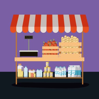 gıdalar ve tartı makine ile süpermarket renkli arka plan raf