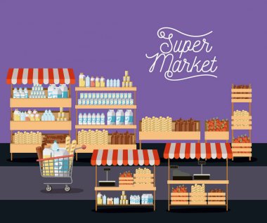 süpermarket raflarında yiyecek ve içecekler ve tramvay ile renkli poster