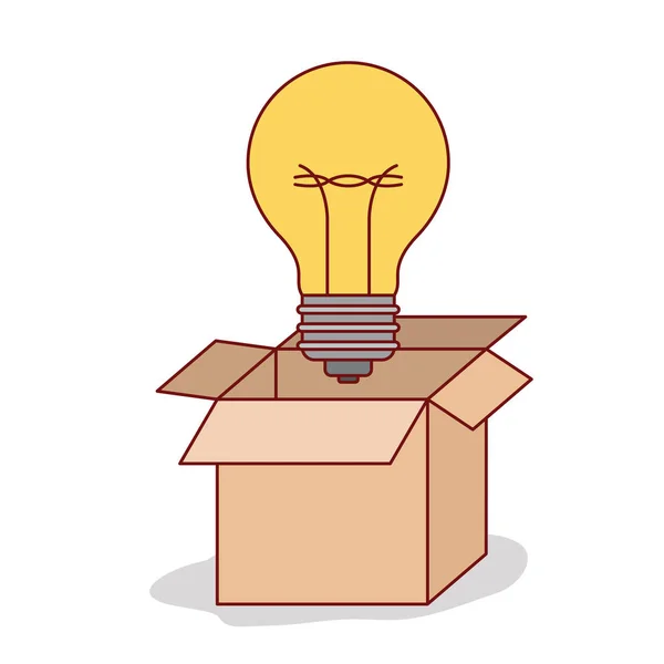 Carton box with big light bulb outside on white background — Stock Vector