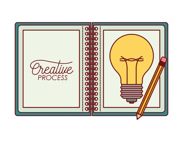 Carnet ouvert avec dessin couleur de l'ampoule en feuille avec processus créatif stylo sur fond blanc — Image vectorielle