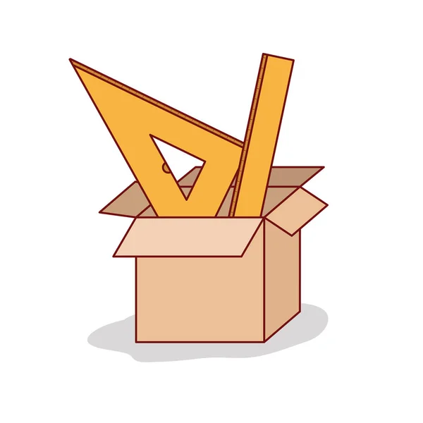 Caja de cartón con regla de conjunto sobre fondo blanco — Vector de stock
